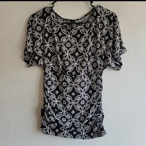 Women small Y2K Maurices blouse black white mandala pattern fitted bunched waist - Picture 5 of 5